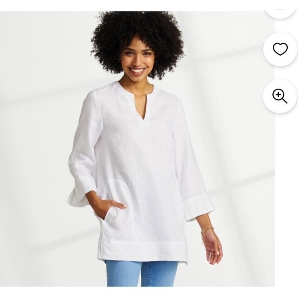 Lands' End White Linen Tunic Top Womens Small 3/4 Sleeve V-Neck Small NWT